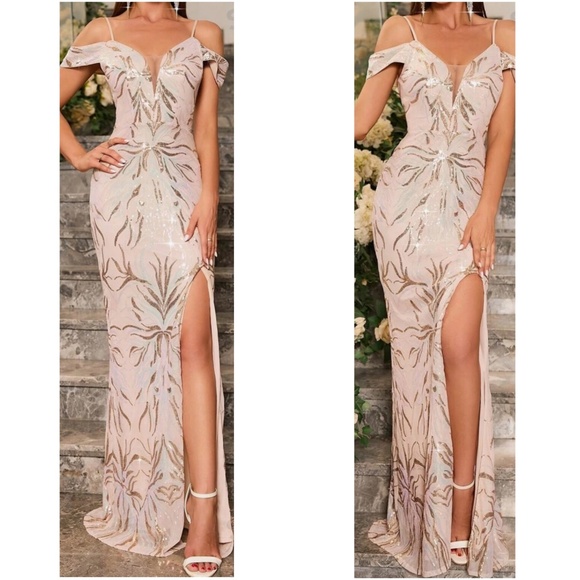 Luxe Baby Blue Sequin Cold Shoulder Party Evening Wedding Prom Dress - Picture 5 of 13